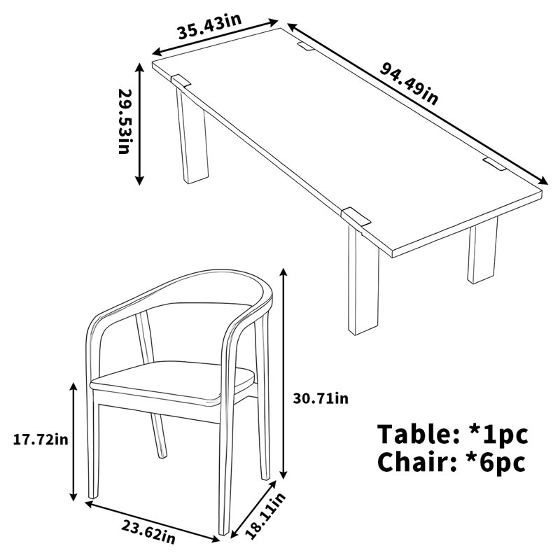 Table de salle à manger en bois de frêne, H 29,53 po x L 94,49 po x l 35,43 po