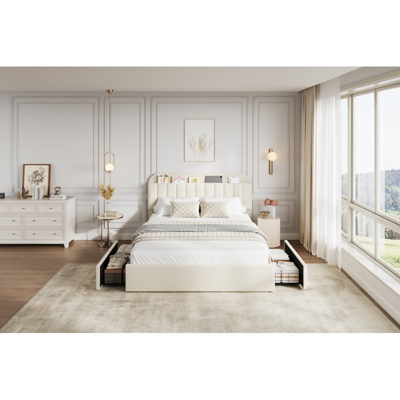 Structure de lit rembourrée en fausse fourrure avec tête de lit à 2 tiroirs, Beige, Grand lit
