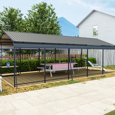 Heavy Duty 1326.5 Ft Carport With Galvanized Steel Frame And Roof, Metal Garage For Driveway Cars Trucks, 6 Fixed Inclined Square Tube Supports Stability, Vertical Stripe Roof To Reduce Collapse