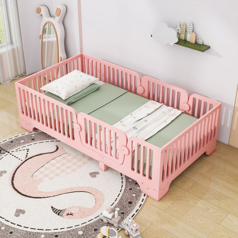 Lit Montessori en bois avec barrière de sécurité et porte, Simple, Rose