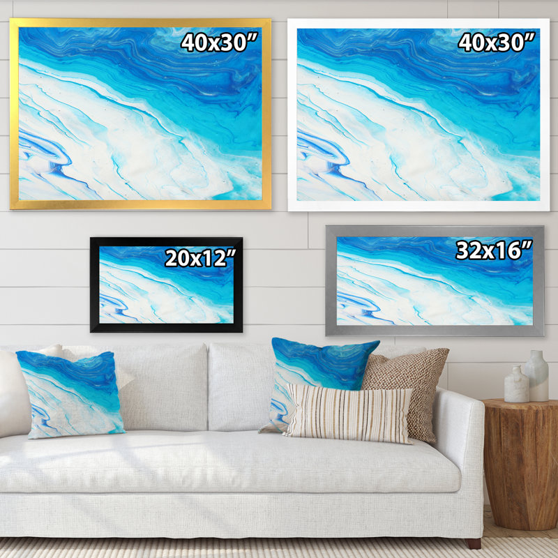 Bleu et blanc, vagues liquides I - Peinture sur toile, H 12 po x l 20 po x P 1 po, Cadre photo argenté