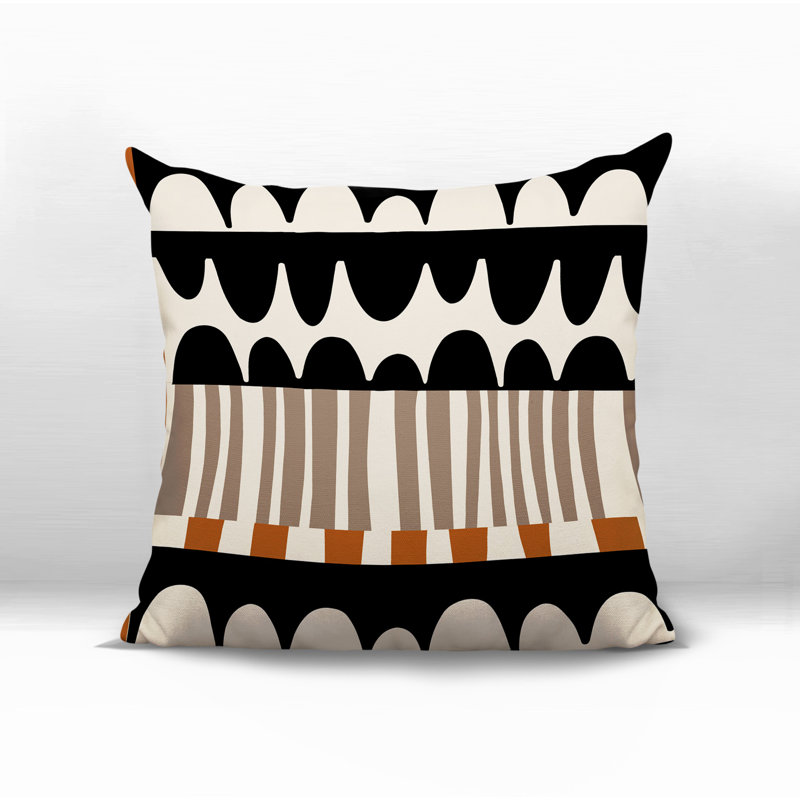 Coussin carré intérieur / extérieur Rami, H 15 po x l 15 po, Orange brûlé / noir / blanc cassé abstrait