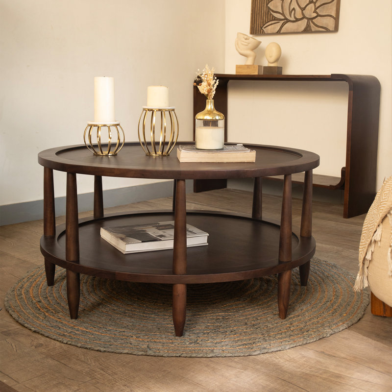 Essence Walnut Haze Solid Wood 2 - Tier Round Coffee Table with Storage Shelf