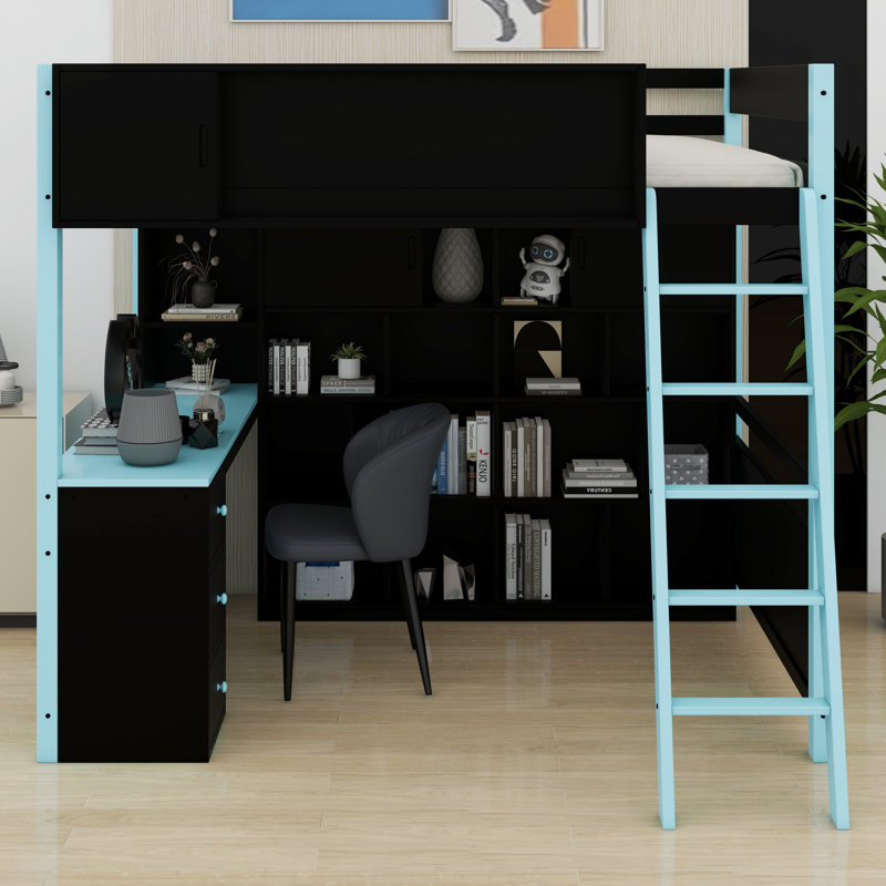 Lit mezzanine en bois avec bureau, grand espace de rangement et lumière, Bleu