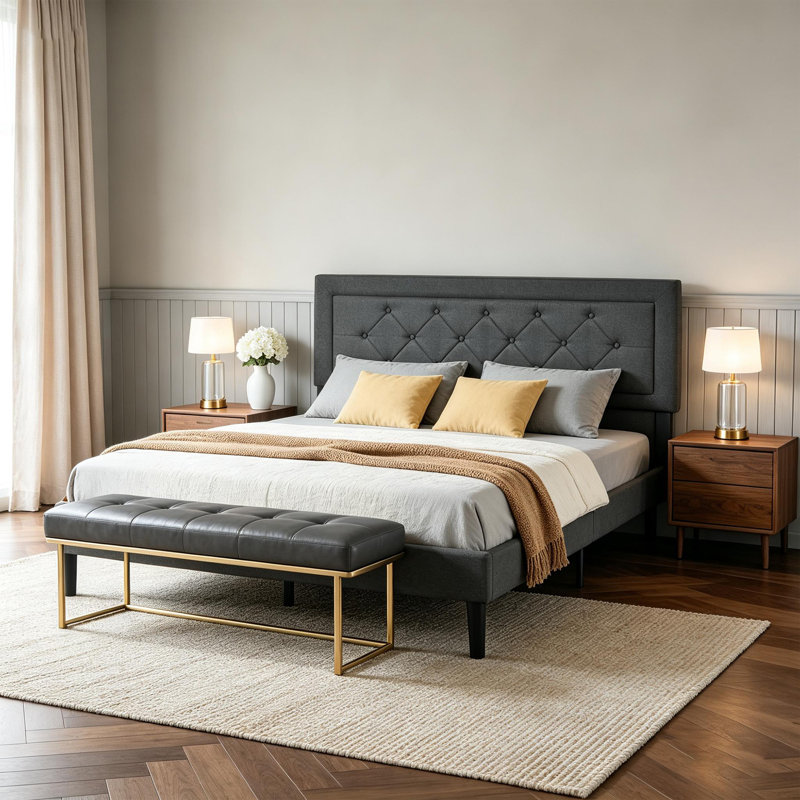 Queen Size Bed Frame with Framed style Upholstered Button Tufted Headboard, Easy Assembly, No Box Spring Needed, Dark Gray