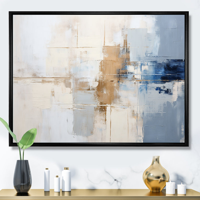 White And Blue Paint Fusion - Abstract Painting Wall Art, 16" H x 32" W x 1" D, Black Floater Framed