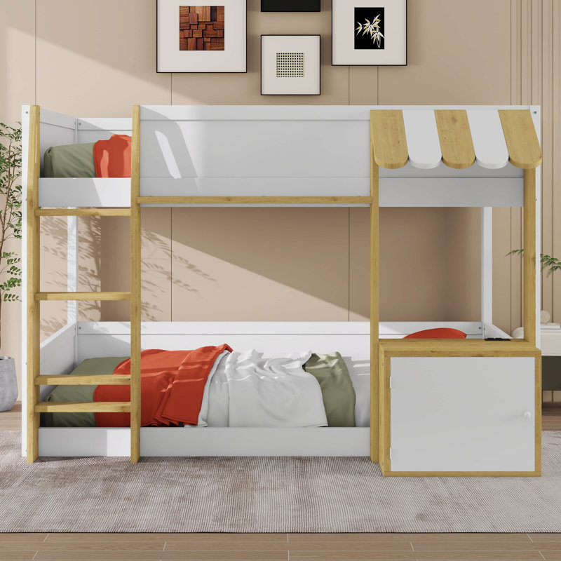 Lit superposé avec bureau intégré, ports USB et de rangement, structure de lit superposé au sol en bois massif avec échelle, finition bicolore
