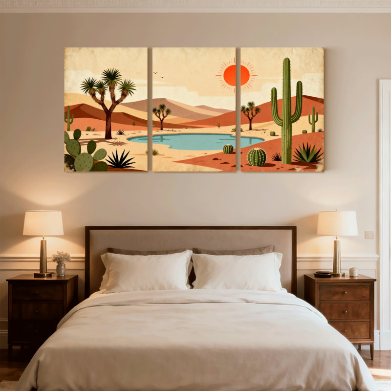 «Landscape & Nature Desert Landscape with Cactus and Oasis», ensemble de 3 impressions sur toile, H 36 po x l 72 po