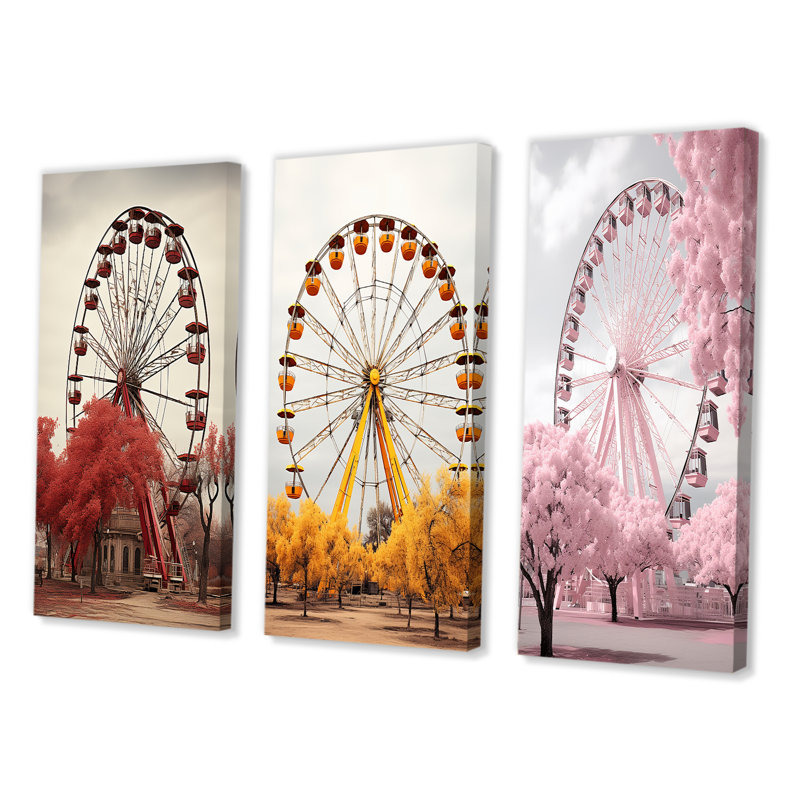 «Red Ferris Wheel Whirling Memories», 3 pièces sur toile, Toile tendue, H 20 po x l 36 po