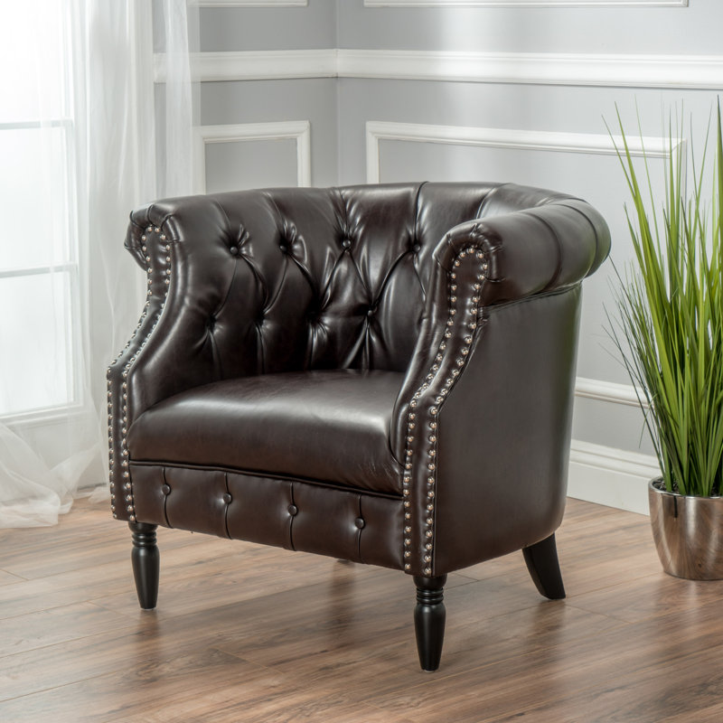Valli Upholstered Barrel Chair, Dark Brown Faux Leather
