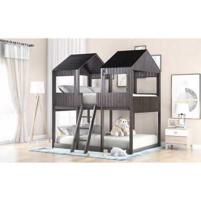 Lit superposé en bois gris antique avec garde-corps