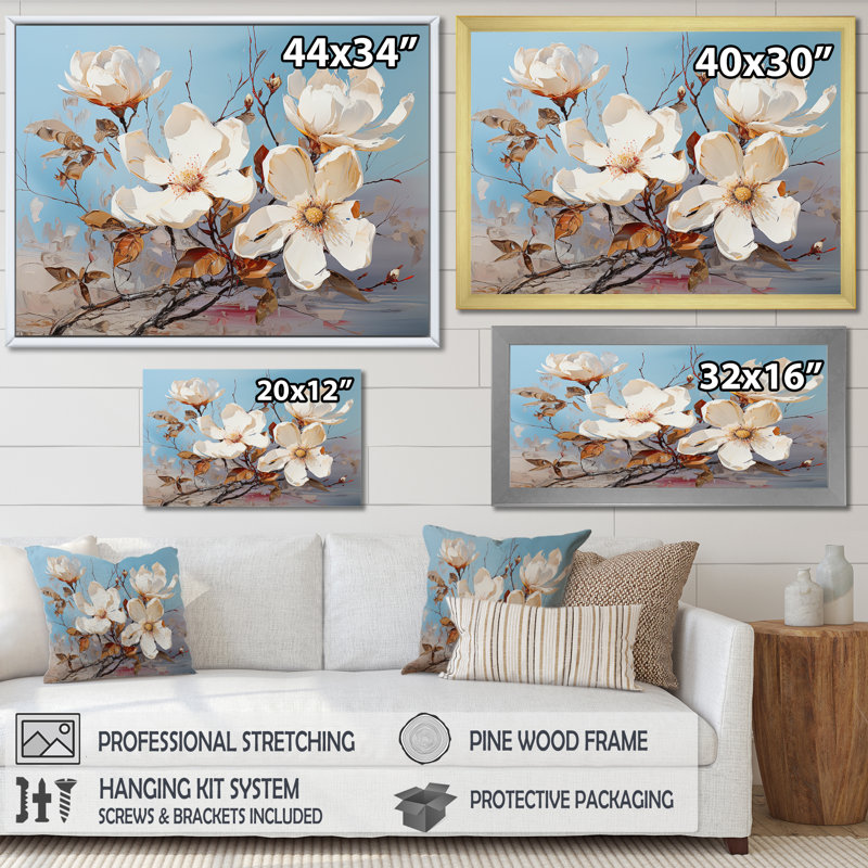Fleurs de magnolia blanches et bleues sur toile, H 16 po x l 32 po x P 1 po, Cadre flottant noir