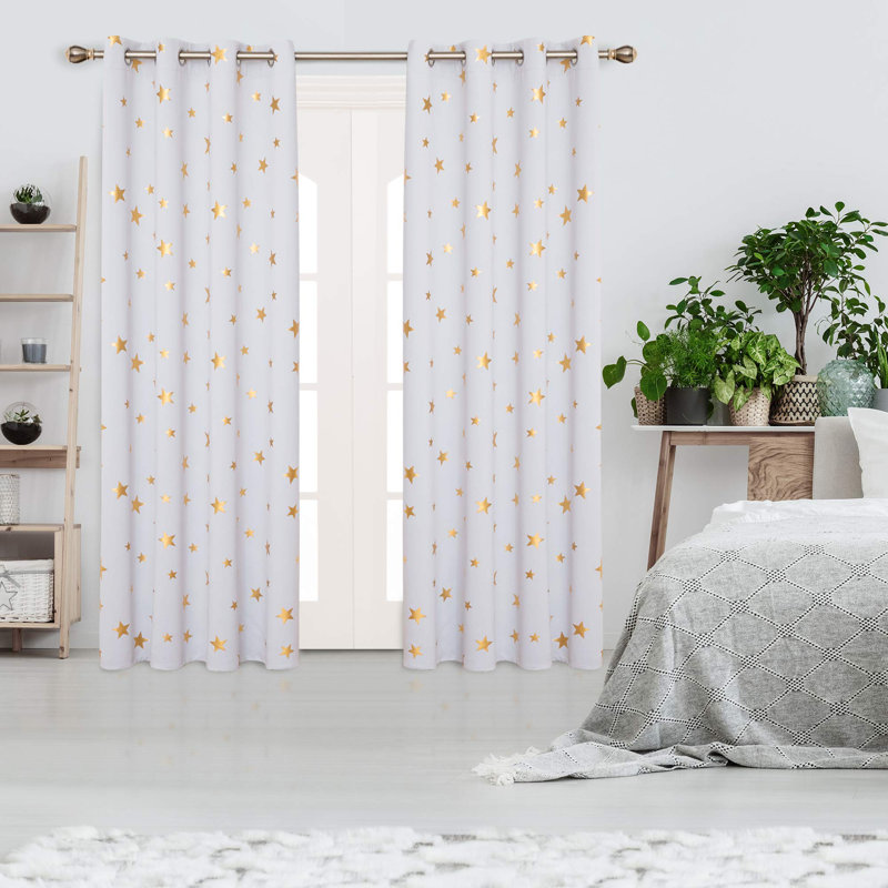 Gold Star Foil Print Room Darkening Thermal Insulated Grommet Curtain Panels (Set Of 2), Grayish White, 42" W x 54" L