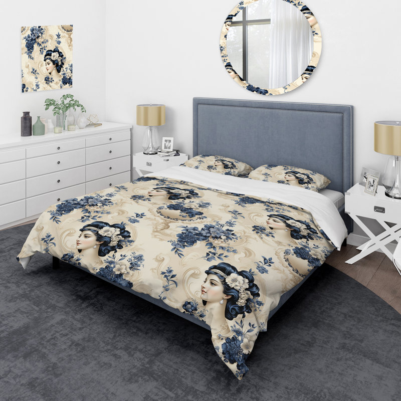 Literie camée bleu et beige victorienne, Housse de couette pour très grand lit et 2 très