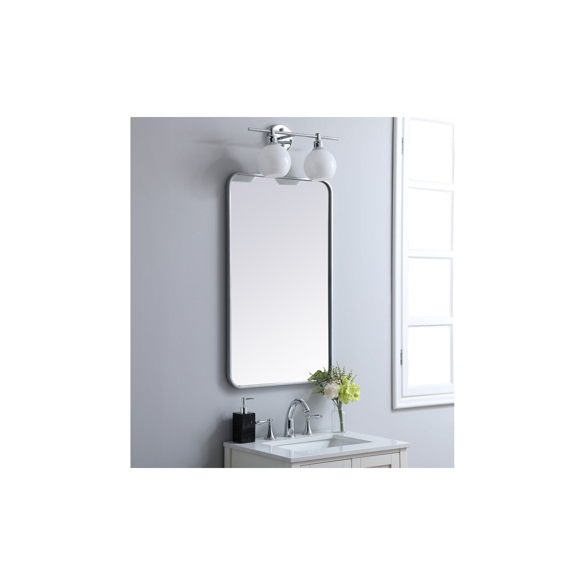 Sabine Metal Rounded Rectangle Wall Mirror, Silver, 36" x 22"