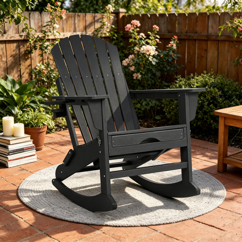 Plastic/Resin Folding and Rocking Adirondack Chair with Ottoman, Black