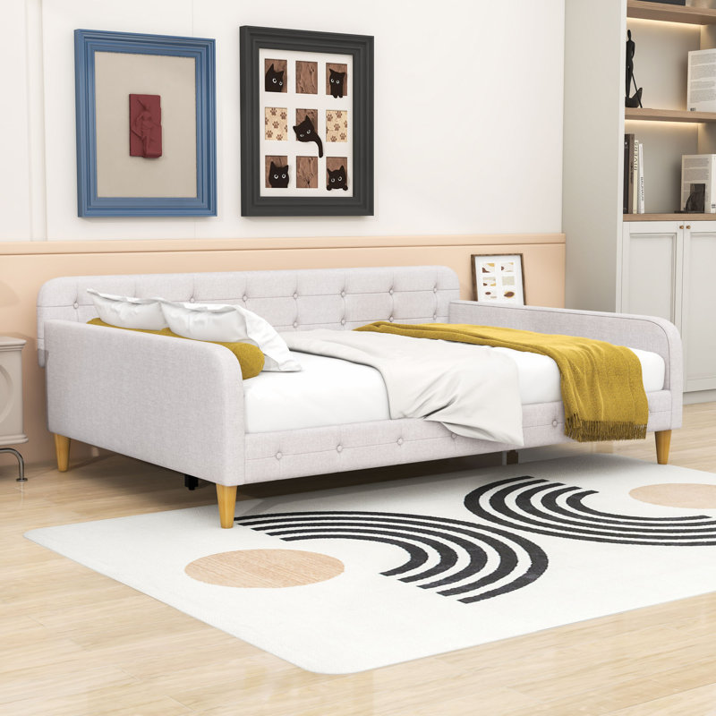 Elegant Linen Upholstered Daybed with Armrests, Beige, Full