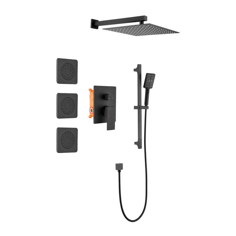 Système de douche noir mat avec débit d'eau fluide: tête, douche à main, barre coulissante, jets de corps, accoudoir, boyau, garniture de valve