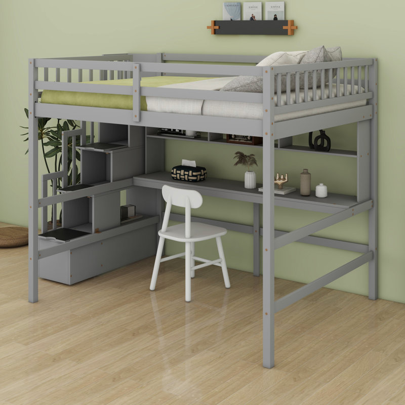 Lit mezzanine avec bureau, tablettes de rangement et escalier, gris