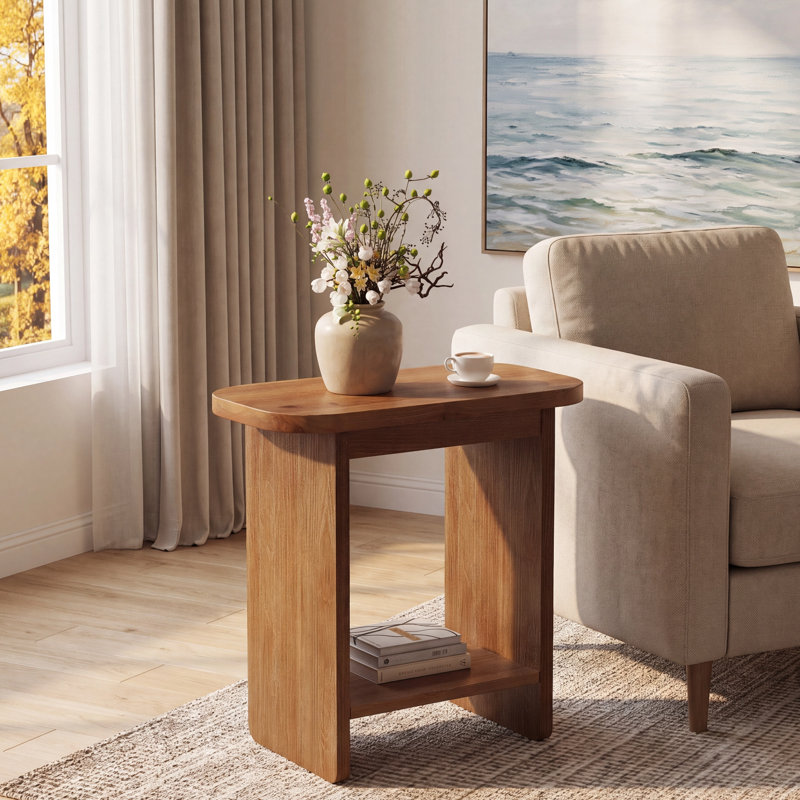 Solid Wood End Table for Living Room, Rectangular Narrow Side Table with 2- Storage Shelves, Bedside Table Nightstand for Bedroom,  23.6" W x 11.8" D x 23.6" H