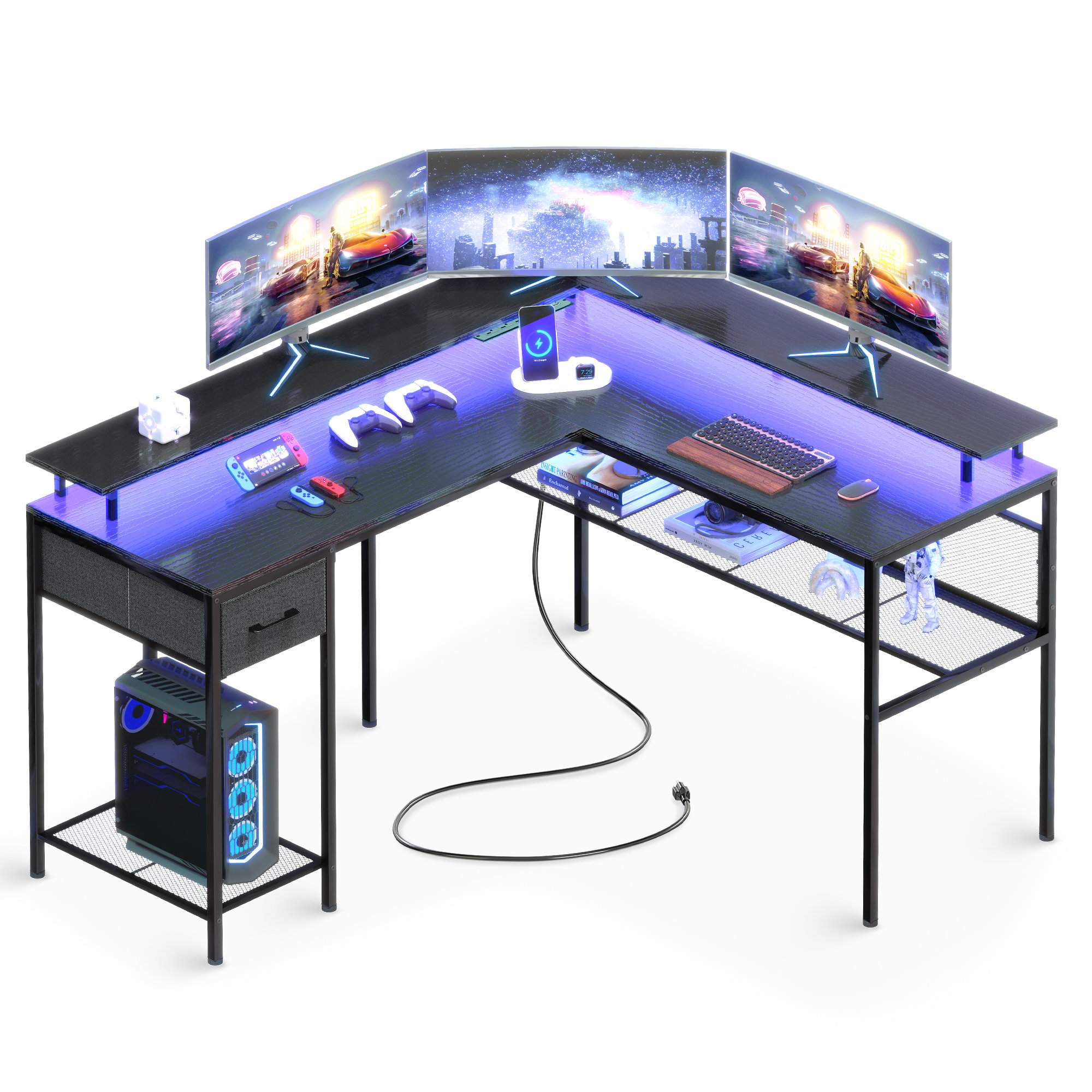 Great Choice Products L Shaped Gaming Desk With Led Lights, Small
