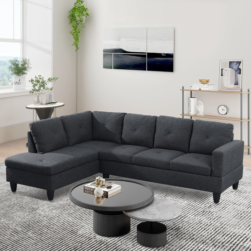 3-Piece Linen Sectional Sofa, Left Hand Facing, Black Gray