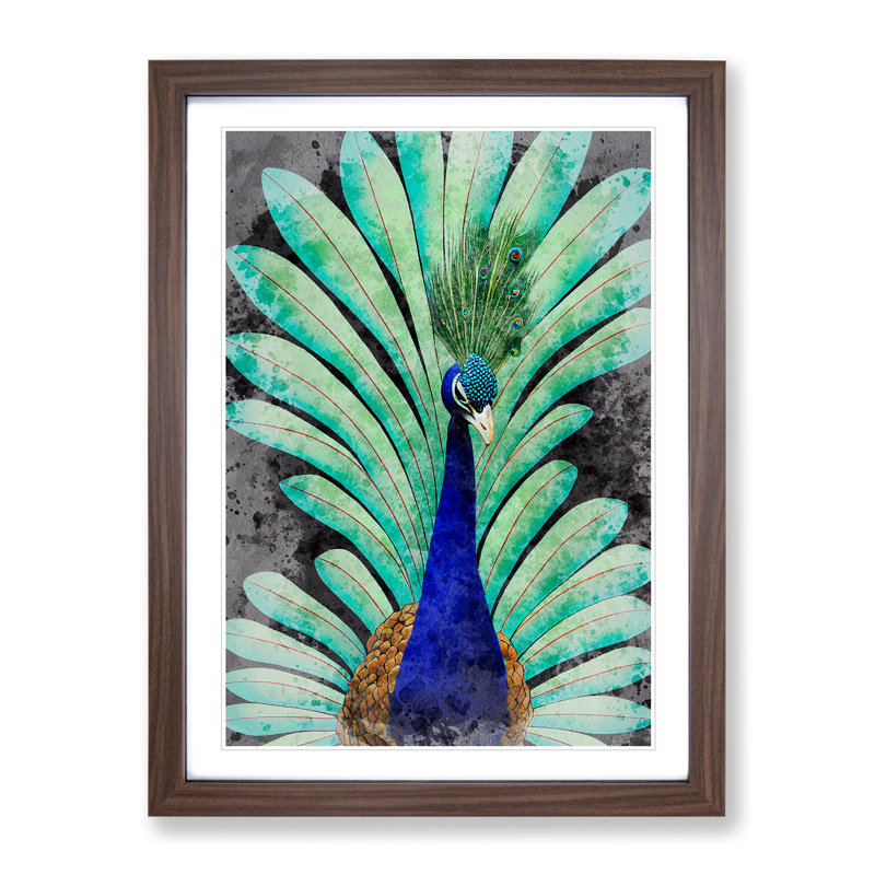 Peacock Watercolour No.2 - Single Picture Frame Painting, 64cm H x 46cm W x 2cm D, Walnut Framed