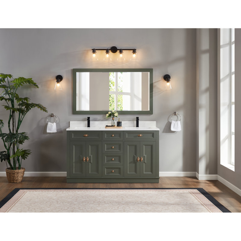  Meuble-lavabo double 60 po en bois massif avec plateau en marbre d'ingénierie 1 po, Étain, vert, Or rose