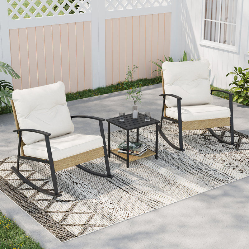 3 Piece Patio Rocking Chair Set with Side Table and Cushions, Beige