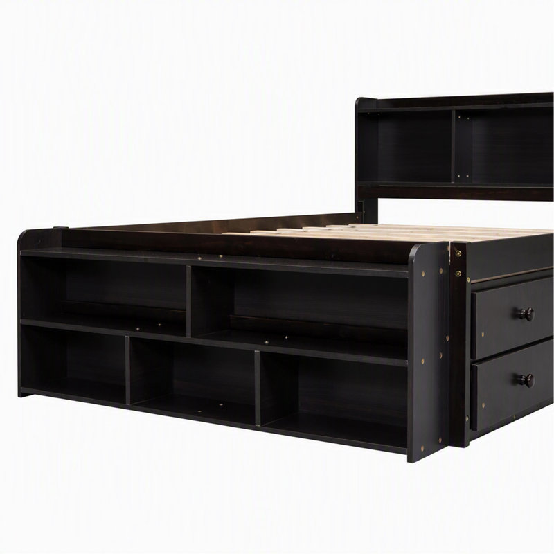 Full Bed with Bookcase Headboard, Under bed Storage Drawers and Bed End Storage Case,Espresso, Espresso