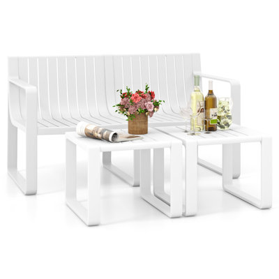 3 PCS Patio Furniture Set w/1 Loveseat & 2 Side Tables All-Weather Bistro Set White
