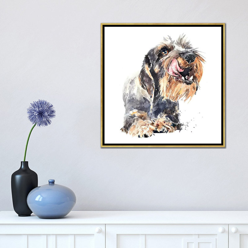 «Wirehaired Dachshund I» par EdsWatercolours - impression, H 18 po x l 18 po x 1,5 po, Toile avec cadre or, Pas de tapis