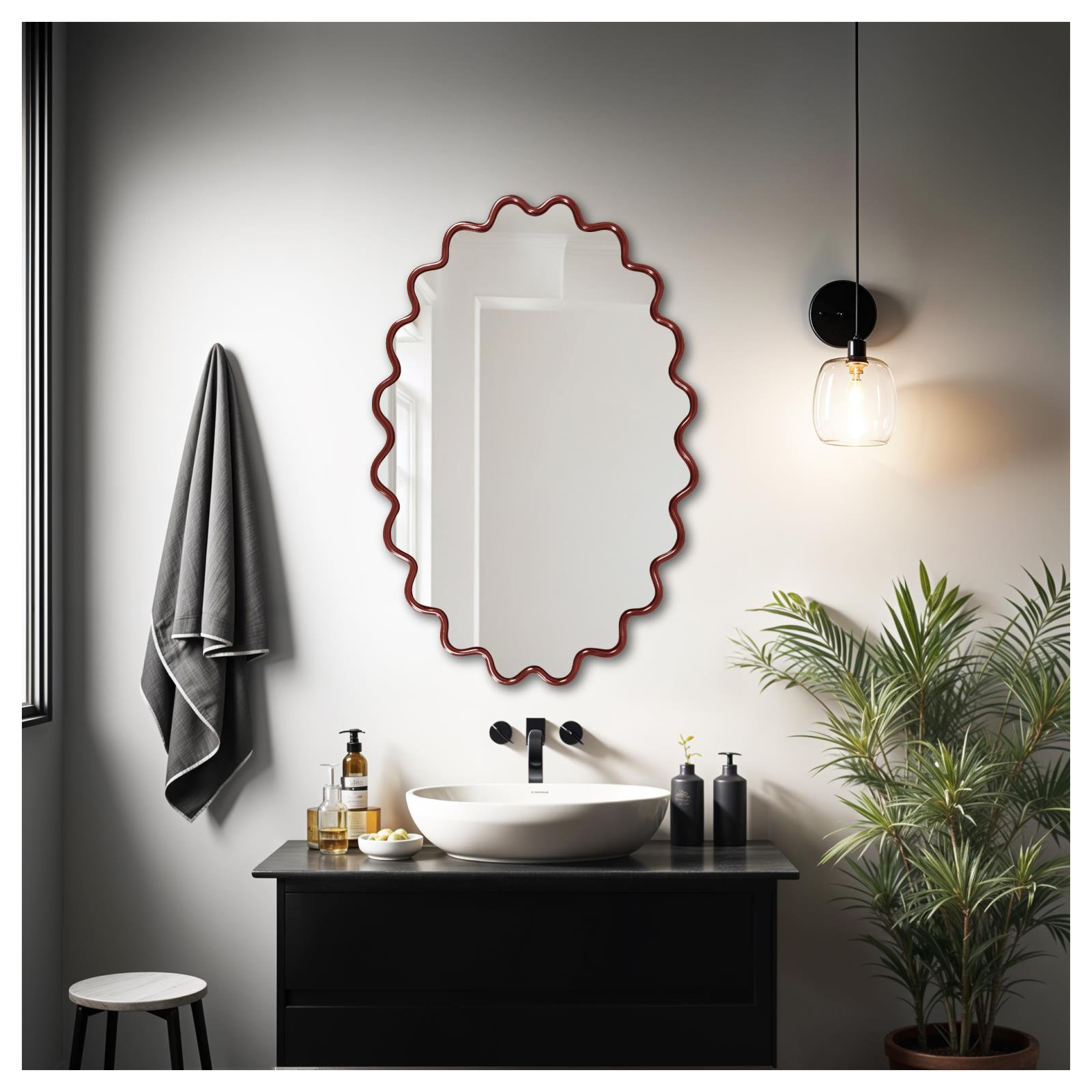 Modern Wavy Framed Oval Wall Mirror, Dark Red