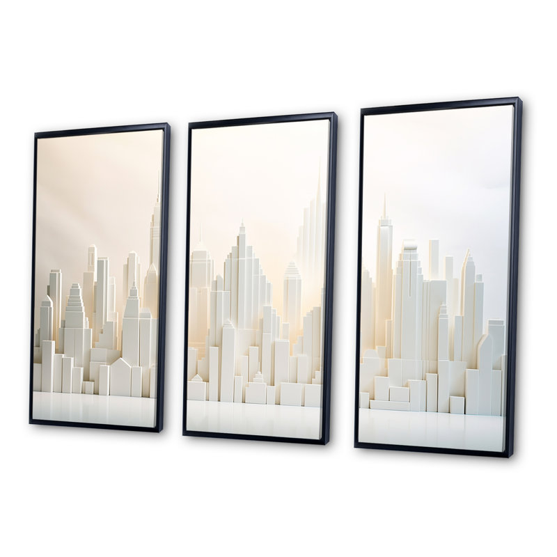 Pearl Peaks Skycraper Skyline I - Skyscrapers, ensemble d'art sur toile, Cadre flottant noir, H 32 po x l 48 po x P 1 po