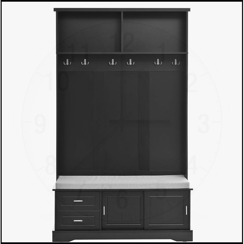 Élégant portemanteau avec portes coulissantes, portemanteau polyvalent avec 6 crochets, armoire pour vestibule avec rangement pour chaussures et coussin rembourré pour le couloir et le salon