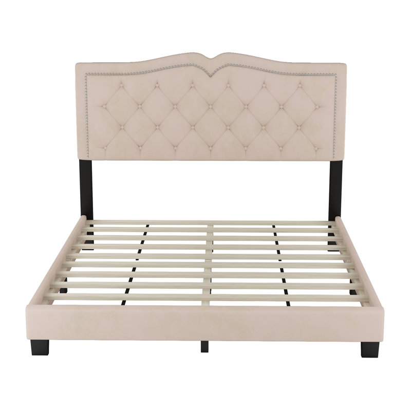 Lit plateforme tapissier grand format avec rivet, lit plateforme moderne en velours avec tête de lit capitonnée, beige, Beige