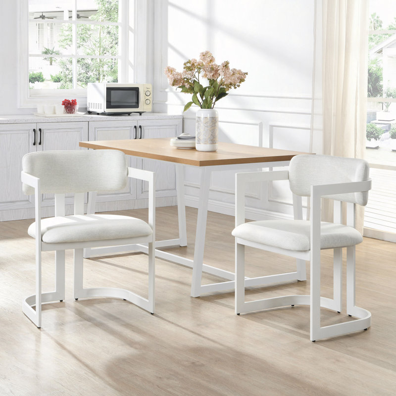 Ensemble de 2 chaises de salle à manger rembourrées en tissu avec structure en métal, capacité de poids de 265 lb, Blanc