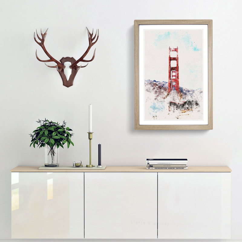 Golden Gate Bridge Abstract Watercolour - Picture Frame Graphic Art, Oak Framed, 63cm H x 45cm W x 2cm D