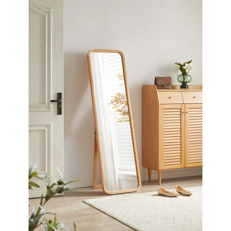 Miroir pleine grandeur en bois de hêtre massif, miroir autoportant avec support, miroir corps en bois naturel pour le salon de la chambre à coucher, miroir mural 2 en 1