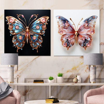 Blue And Pink Crystal Butterfly I - Butterfly Metal Art Print Square Set Of 2