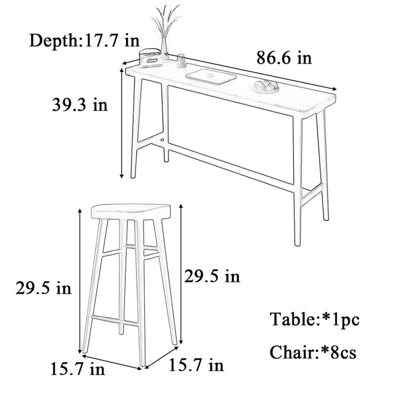 Tables et chaises de bar simples et modernes en bois massif, H 39,3 po x L 86,6 po x l 17,7 po