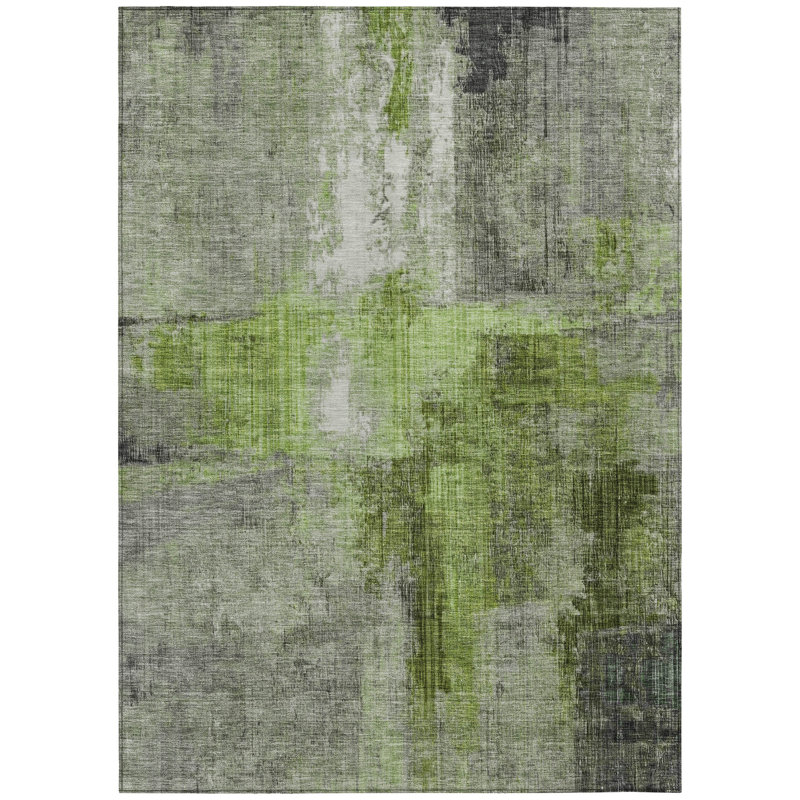 Fern Green Synthetic 9' x 12' Washable Rectangular Rug