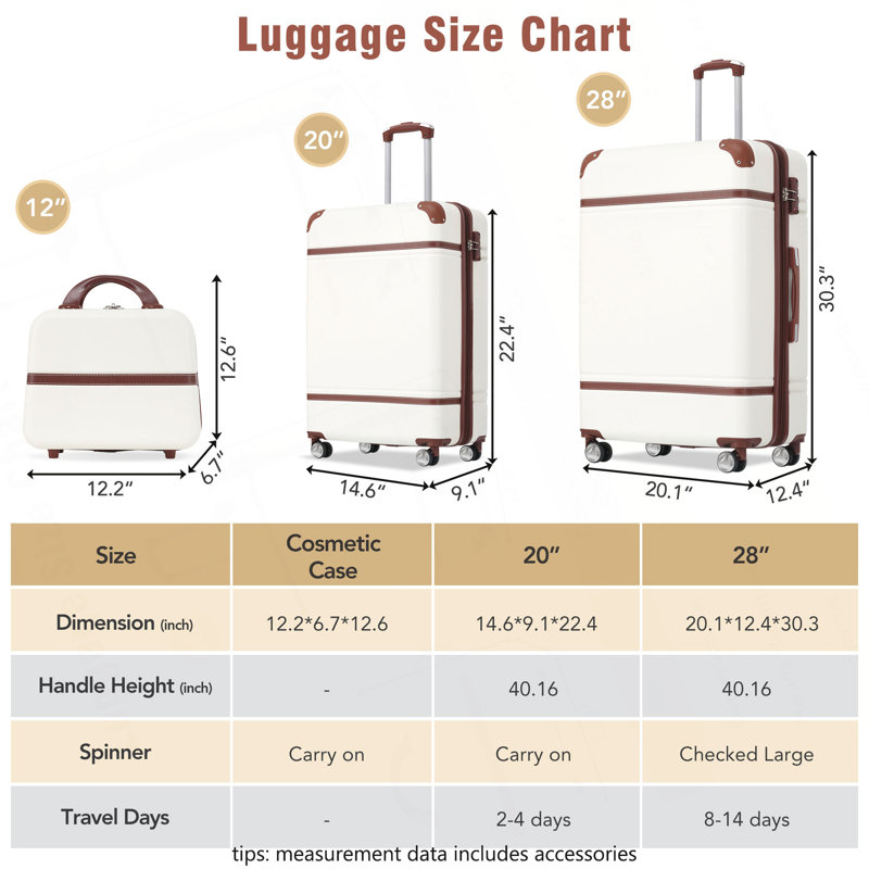 Ensemble de 3 valises à roulettes Hardshell avec valise TSA, Blanc