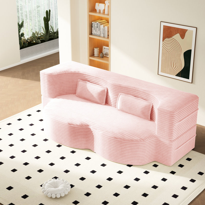 Canapé-lit simple en velours côtelé Corduroy, rose, 2 coussins, sans assemblage, pour espaces compacts en mousse, 39" W