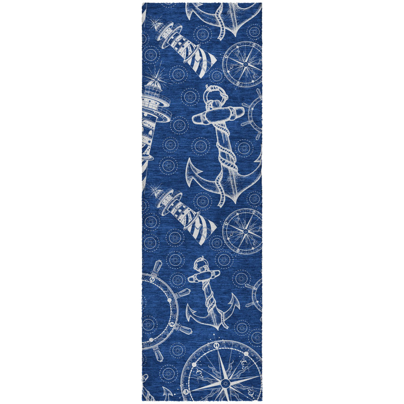Premium Machine Washable Dream Shag Nautical Rug, 2'3" x 7'6" Runner, Navy