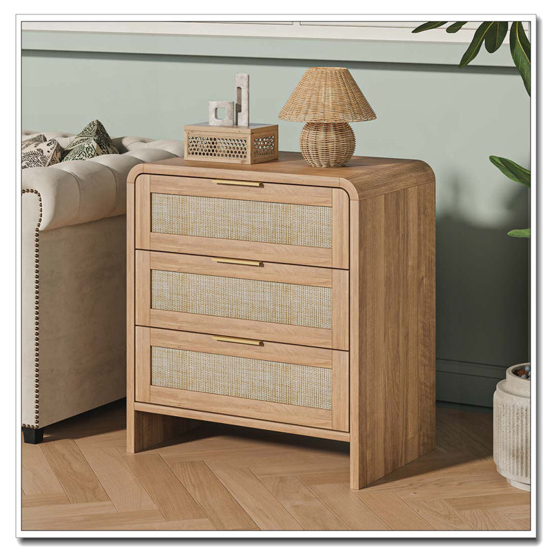 Rattan Nightstand with Charging Station, 1, Oak