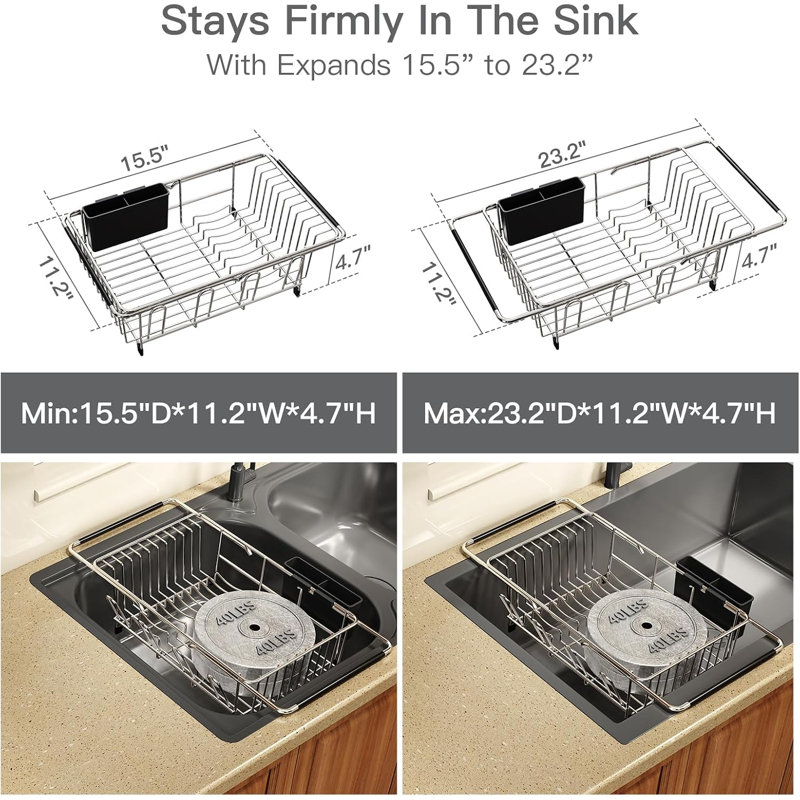 Over-the-Sink Dish Drying Rack – Expandable Stainless Steel Drainer with Adjustable Utensil Holder, Space-Saving for Small Kitchens, Apartments, and RVs (Rustproof)