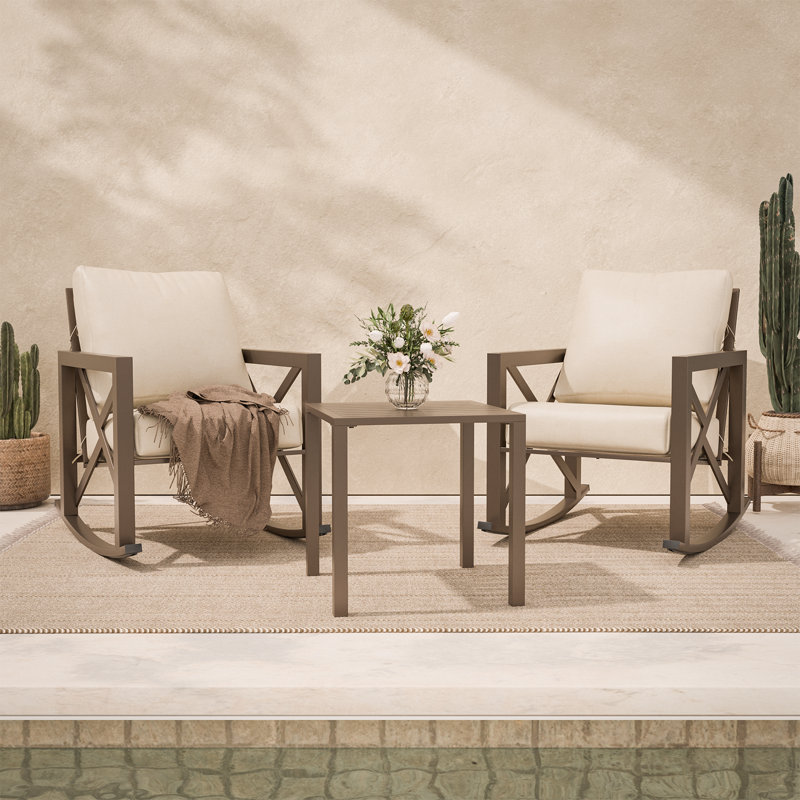 Chaises berçantes d'extérieur en métal avec coussins (ensemble de 2), Beige