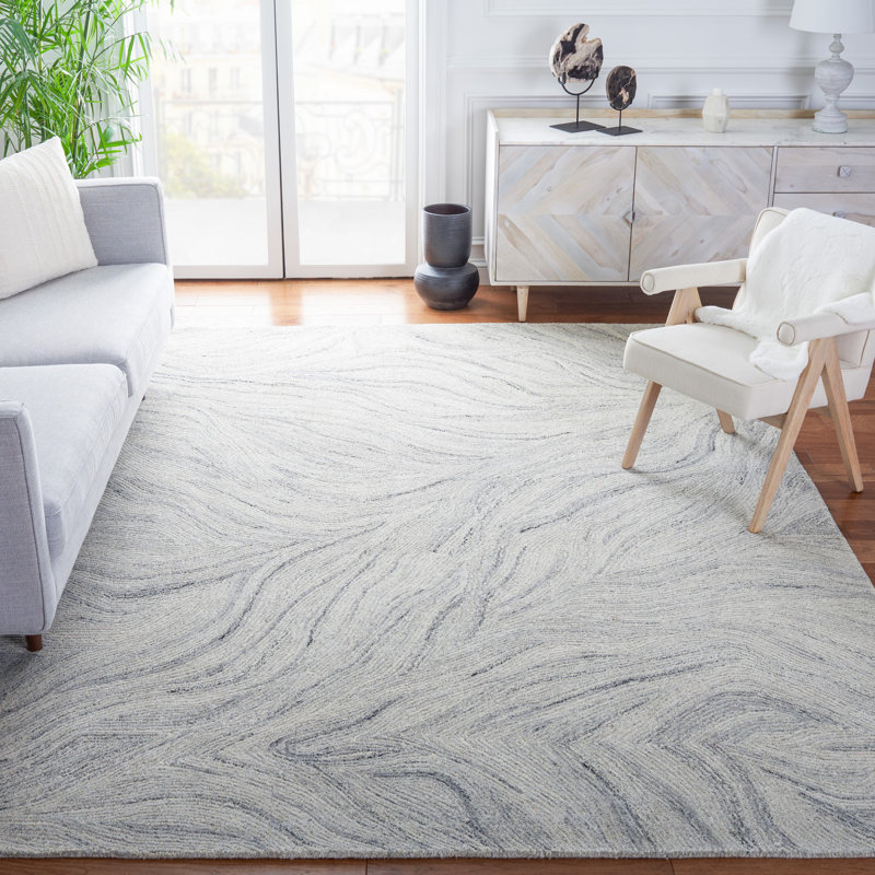 Tapis ivoire / gris en laine touffeté à la main Radabaugh, Rectangle 6 pi x 9 pi