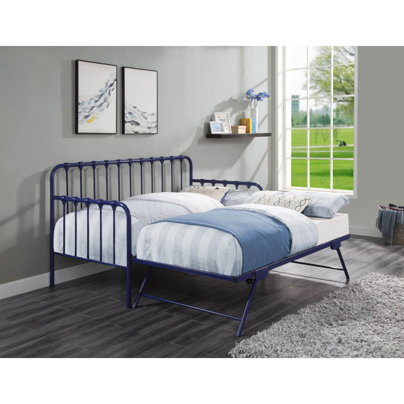 Lit de jour avec lit gigogne relevable et structure en métal bleu marine, Marine